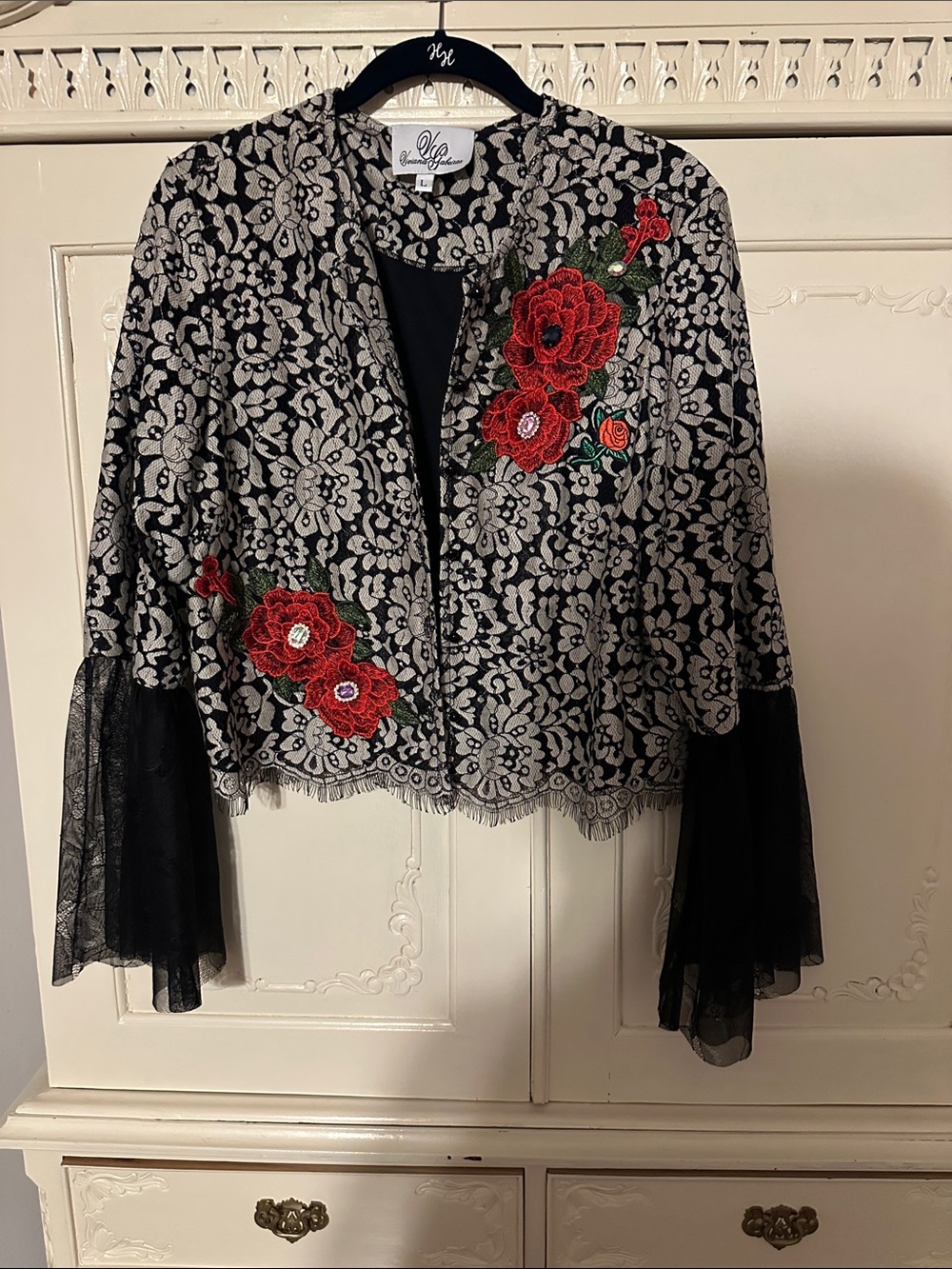 Floral Embroidered Black Lace Jacket - Red Accent Roses and Eyelash Lace. Lined